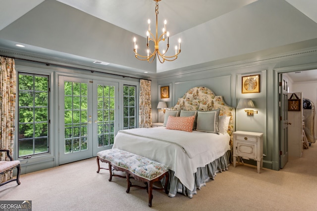 4584 E Conway Dr, Atlanta, GA 30327 - bedroom with a notable chandelier, access to exterior, carpet, visible vents, and ornamental molding