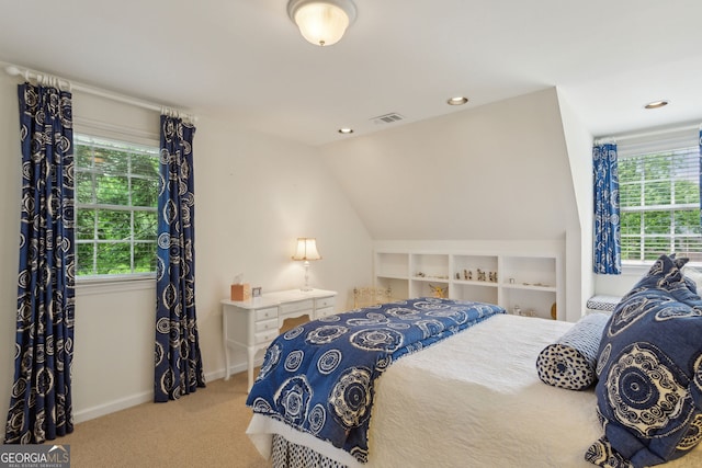 4584 E Conway Dr, Atlanta, GA 30327 - bedroom featuring baseboards, multiple windows, carpet, and lofted ceiling