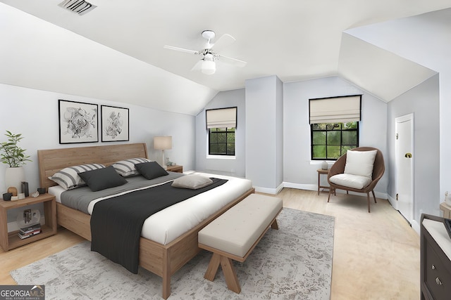 bedroom featuring visible vents, ceiling fan, vaulted ceiling, and multiple windows