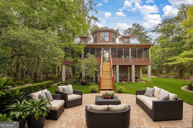 exterior space with stairway, an outdoor hangout area, and a sunroom