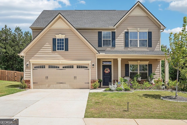 traditional-style home with a garage, driveway, a porch, and roof with shingles