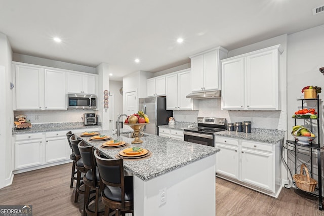 kitchen with appliances with stainless steel finishes, under cabinet range hood, a sink, white cabinetry, and recessed lighting