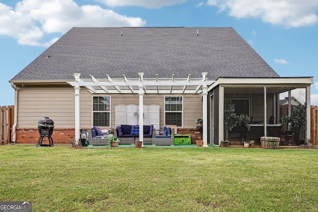 rear view of property with outdoor lounge area, a pergola, brick siding, a patio area, and a sunroom