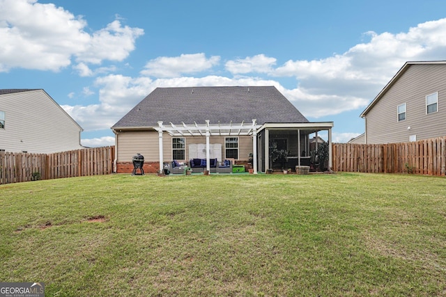 back of house with a pergola, roof with shingles, brick siding, and a sunroom