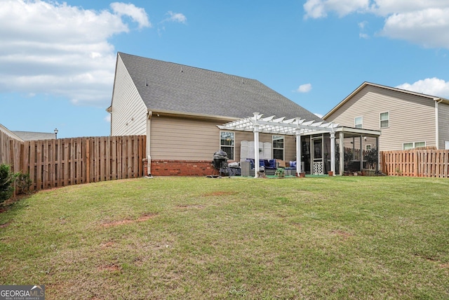 back of house featuring a pergola, a patio, brick siding, and roof with shingles