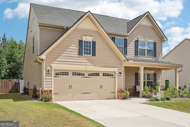 view of front of house featuring a garage, concrete driveway, brick siding, roof with shingles, and covered porch