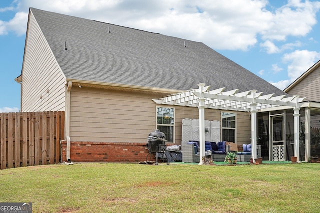 rear view of property featuring a pergola, an outdoor living space, roof with shingles, and brick siding