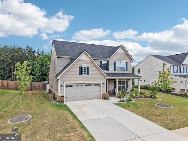 traditional-style home featuring an attached garage, driveway, a porch, and roof with shingles
