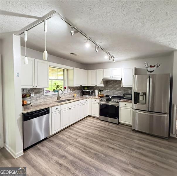 kitchen with wood finished floors, white cabinetry, tasteful backsplash, a sink, and stainless steel appliances