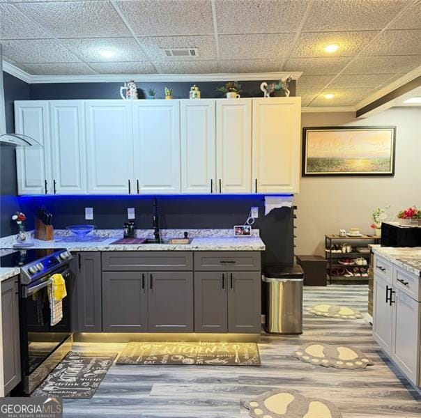 kitchen featuring a sink, stainless steel electric range oven, crown molding, and light wood-style flooring