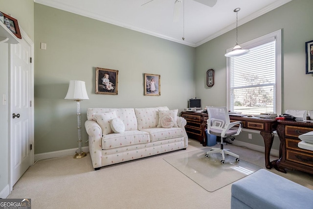 office space featuring carpet floors, baseboards, and ornamental molding