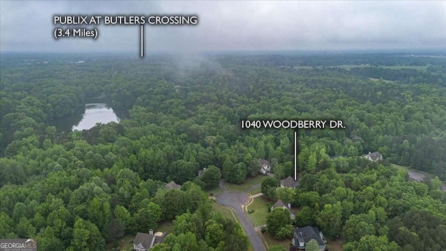 bird's eye view featuring a water view and a view of trees