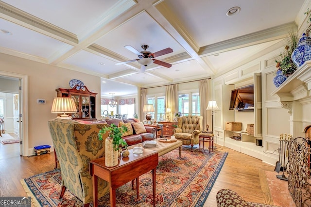 living room with beam ceiling, wood finished floors, and coffered ceiling