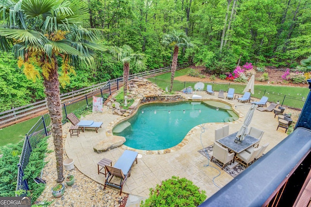 view of pool with a fenced in pool, a fenced backyard, and a patio area