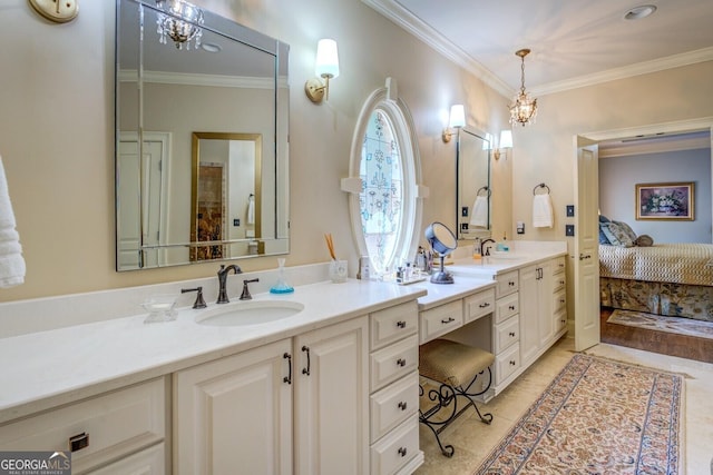 bathroom featuring crown molding, double vanity, and a sink