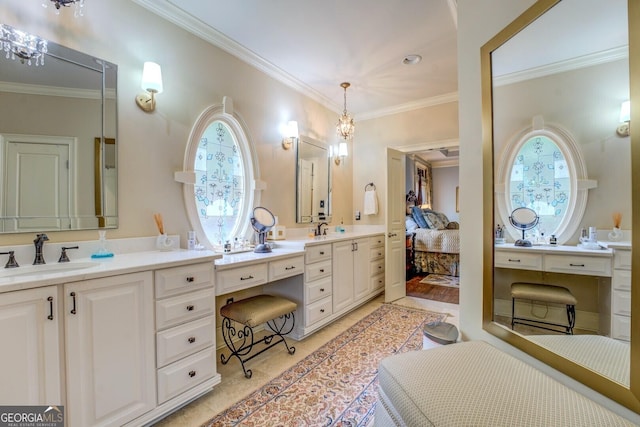 full bathroom featuring ornamental molding and vanity