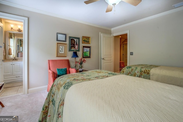 bedroom featuring visible vents, ornamental molding, connected bathroom, a ceiling fan, and carpet