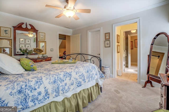 bedroom with carpet flooring, tile patterned floors, ornamental molding, and baseboards