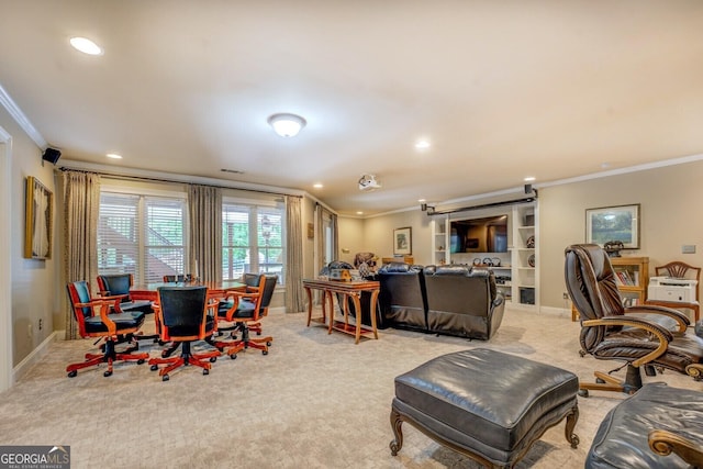 living area featuring crown molding, visible vents, baseboards, recessed lighting, and light colored carpet