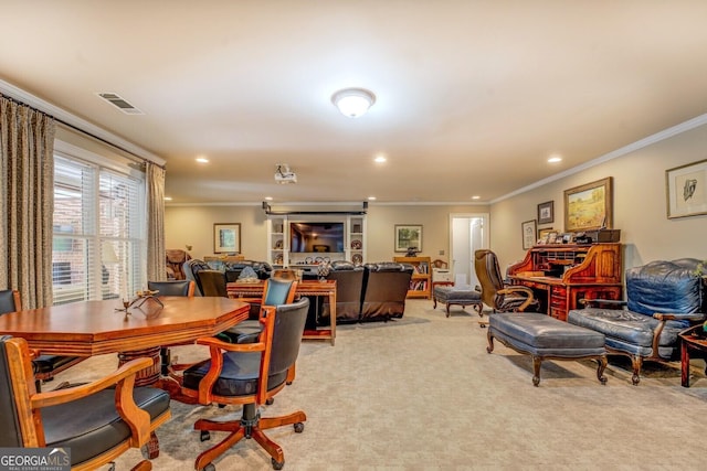 office area with crown molding, recessed lighting, visible vents, and light carpet