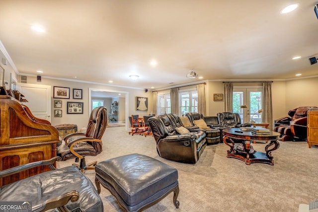 living area featuring crown molding, carpet floors, and recessed lighting