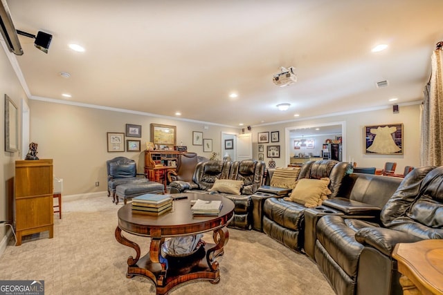 living room with crown molding, recessed lighting, visible vents, and light colored carpet