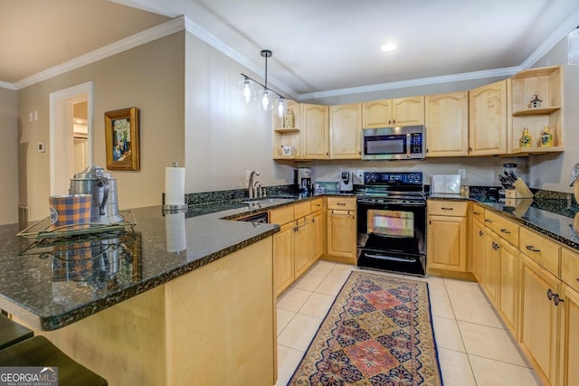 kitchen featuring open shelves, electric range, light brown cabinets, stainless steel microwave, and a sink
