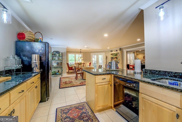 kitchen featuring ornamental molding, light tile patterned flooring, recessed lighting, a sink, and black appliances