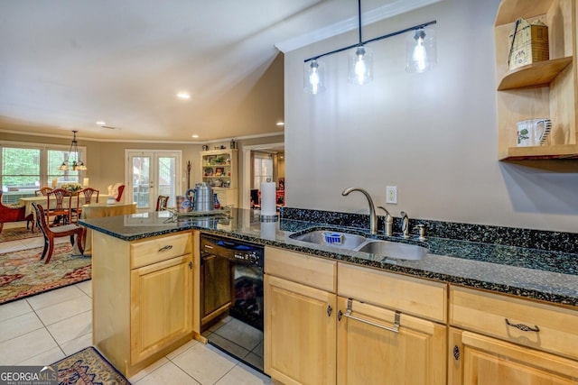 kitchen with open shelves, ornamental molding, light brown cabinetry, a sink, and dishwasher