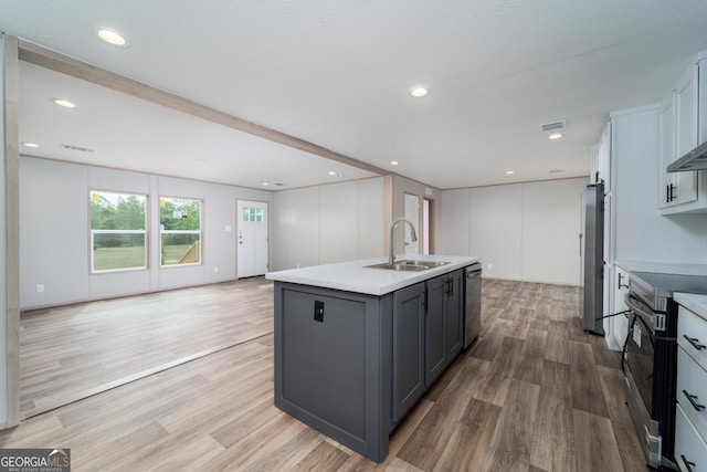 92 Wood Duck Ln, Folkston, GA 31537 - kitchen with a kitchen island with sink, light countertops, a sink, light wood finished floors, and appliances with stainless steel finishes