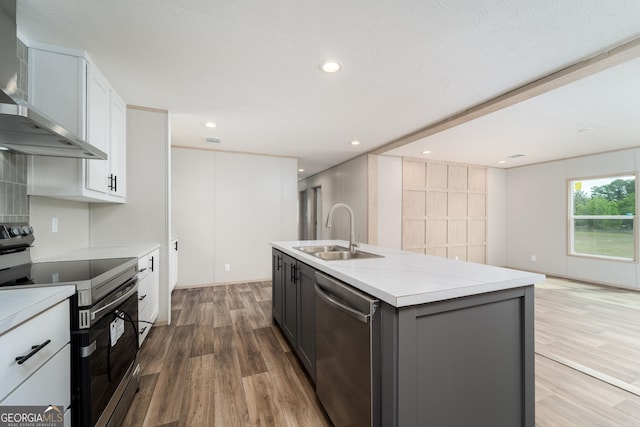92 Wood Duck Ln, Folkston, GA 31537 - kitchen featuring light countertops, wall chimney exhaust hood, a sink, light wood-style flooring, and appliances with stainless steel finishes