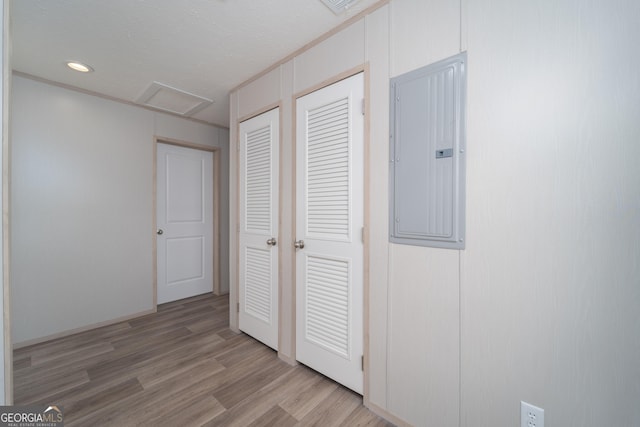 92 Wood Duck Ln, Folkston, GA 31537 - hallway featuring electric panel, attic access, recessed lighting, and wood finished floors