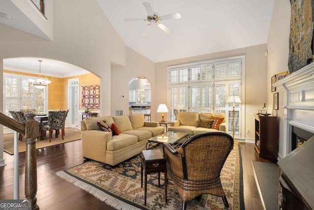 5 Renfroe Ct, Decatur, GA 30030 - living area with arched walkways, a chandelier, hardwood / wood-style floors, ceiling fan, and high vaulted ceiling