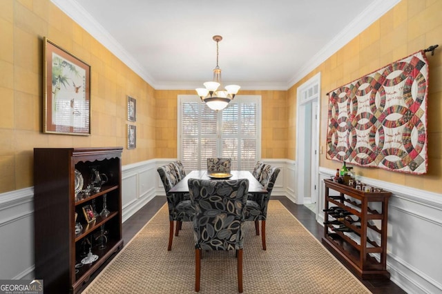 5 Renfroe Ct, Decatur, GA 30030 - dining room with a decorative wall, a chandelier, ornamental molding, and dark wood-style flooring