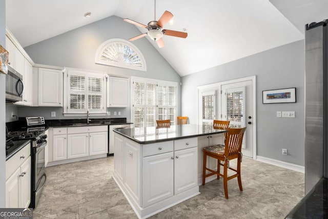 5 Renfroe Ct, Decatur, GA 30030 - kitchen featuring stainless steel appliances, high vaulted ceiling, a sink, ceiling fan, and white cabinets