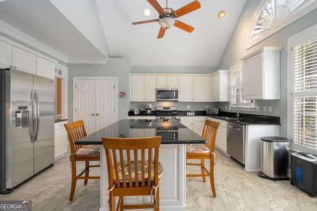 5 Renfroe Ct, Decatur, GA 30030 - kitchen featuring stainless steel appliances, ceiling fan, plenty of natural light, dark countertops, and high vaulted ceiling