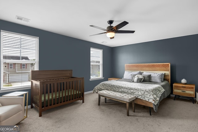 234 Lakepointe Dr, Savannah, GA 31407 - bedroom featuring visible vents, baseboards, carpet floors, and ceiling fan