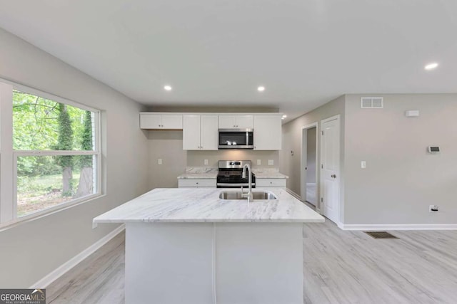 kitchen featuring visible vents, a sink, baseboards, light wood-style floors, and stainless steel appliances
