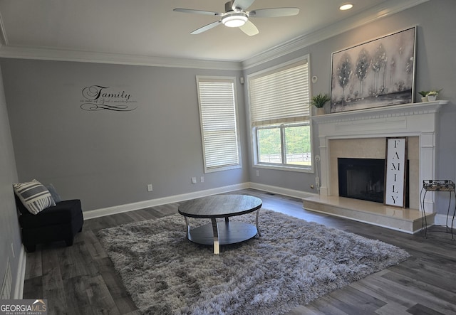 living area with wood finished floors, ceiling fan, crown molding, a premium fireplace, and baseboards