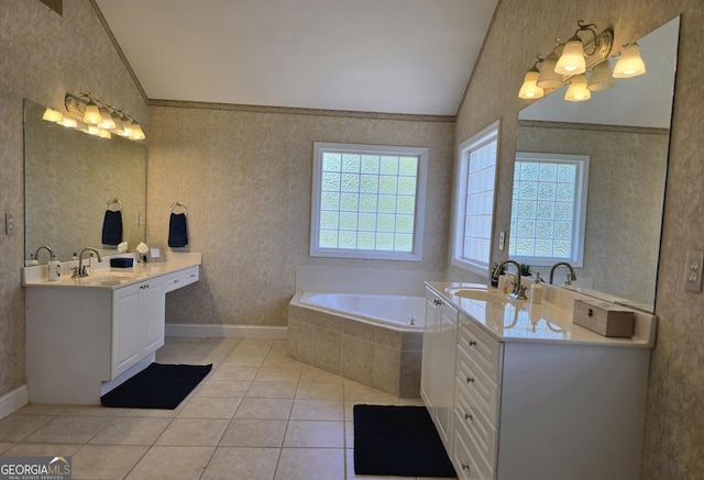 full bath featuring tile patterned flooring, lofted ceiling, two vanities, and a sink