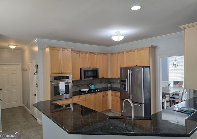 kitchen featuring crown molding, stainless steel appliances, light brown cabinetry, and decorative backsplash