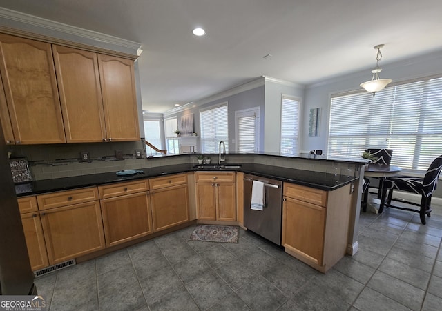 kitchen with dishwasher, visible vents, a sink, a peninsula, and crown molding