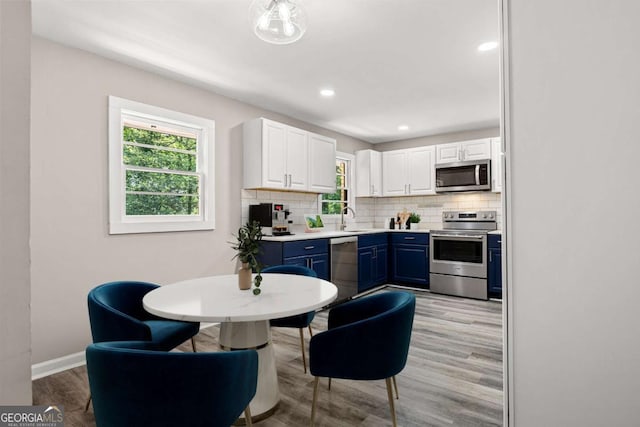 kitchen with blue cabinets, white cabinetry, a healthy amount of sunlight, and stainless steel appliances