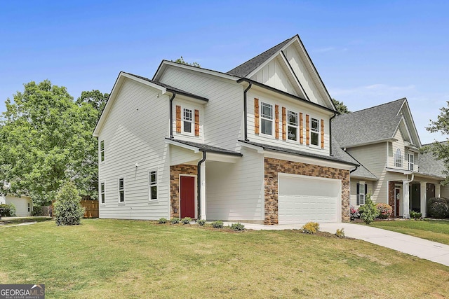 51 Camden Cir, Newnan, GA 30265 - view of front facade with a front lawn, stone siding, a garage, board and batten siding, and concrete driveway