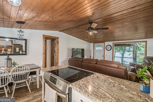 370 David Williams, Sparta, GA 31087 - kitchen featuring open floor plan, stainless steel electric stove, wood ceiling, and wood finished floors