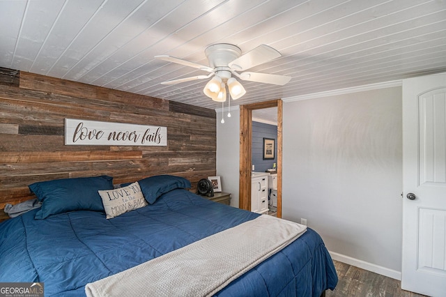370 David Williams, Sparta, GA 31087 - bedroom featuring ceiling fan, wood walls, baseboards, wooden ceiling, and wood finished floors