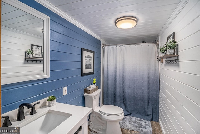 370 David Williams, Sparta, GA 31087 - bathroom with wooden walls, crown molding, vanity, toilet, and a shower with curtain