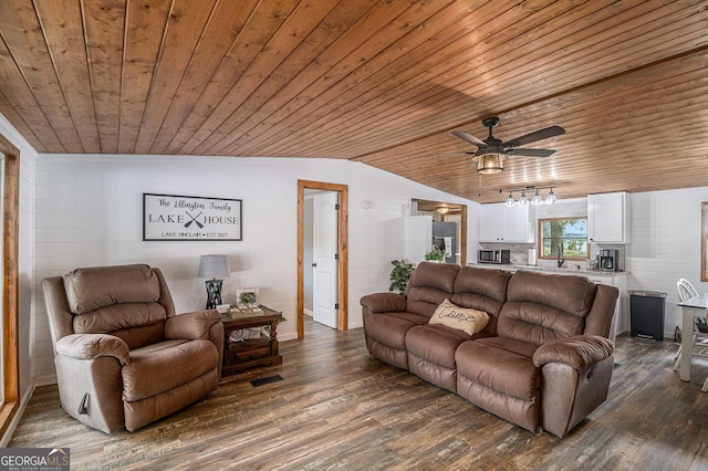 370 David Williams, Sparta, GA 31087 - living area featuring wood ceiling, ceiling fan, visible vents, dark wood finished floors, and lofted ceiling