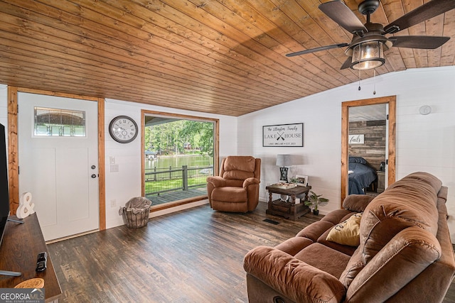 370 David Williams, Sparta, GA 31087 - living room featuring ceiling fan, wood finished floors, vaulted ceiling, and wooden ceiling