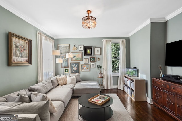 26 Clarendon Ave, Avondale Estates, GA 30002 - living area featuring crown molding, dark wood-style flooring, baseboards, and an inviting chandelier